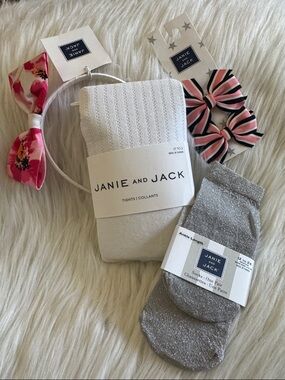 Janie & Jack White Knit Tights with Silver Sparkle Socks & Head Band & Hair Bows